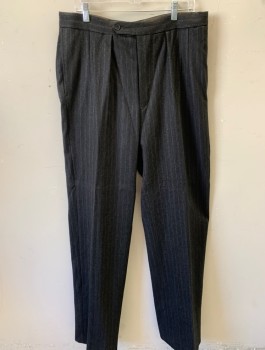 N/L MTO, Charcoal Gray, Lt Beige, Wool, Stripes - Pin, Made To Order, Single Pleated, Button Tab, Button Fly, Belted Detail at Back Waist, 3 Pockets, Suspender Buttons at Inside Waistband