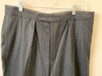 N/L MTO, Charcoal Gray, Lt Beige, Wool, Stripes - Pin, Made To Order, Single Pleated, Button Tab, Button Fly, Belted Detail at Back Waist, 3 Pockets, Suspender Buttons at Inside Waistband