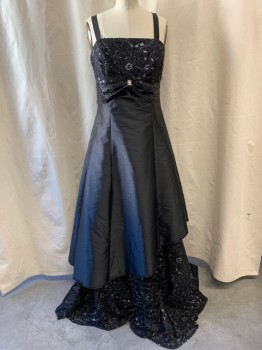 LA SERA, Black, Polyester, Square Neckline, Mesh Over Lay on Bust, Mesh Underskirt, Silver Floral Pattern, Black Beads & Sequins on Mesh, Black Waist Band with Black Beads Comes Together at Center with Large Silver Rhinestone, Black Sheer Fabric Attached to Back. Asymmetrical Over Skirt