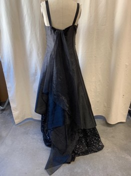 LA SERA, Black, Polyester, Square Neckline, Mesh Over Lay on Bust, Mesh Underskirt, Silver Floral Pattern, Black Beads & Sequins on Mesh, Black Waist Band with Black Beads Comes Together at Center with Large Silver Rhinestone, Black Sheer Fabric Attached to Back. Asymmetrical Over Skirt