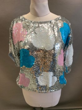 NL, Silver Metallic, White, Cyan Blue, Pink, Silk, Color Blocking, All Over Sequins, Boat Neckline, 3/4 Sleeve , *Missing Sequins On Right Shoulder
