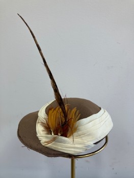 N/L, Brown, Cream, Orange, Feathers, Silk, Solid, Oval Cap With Bill, Ruched Band, Feather Embellishment