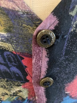 PARAGRAFF, Black, Red, Blue, Rose Pink, Moss Green, Rayon, Abstract , Metal Button Front, 2 Pockets, Back Half Belt