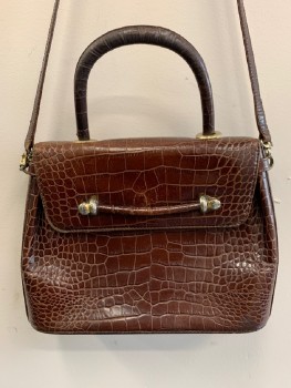 BALLY, Dk Brown, Leather, Reptile/Snakeskin, Crossbody, Long Strap, Top Handle, Flap Closure *Silver Grommet By Handle Is Loose*