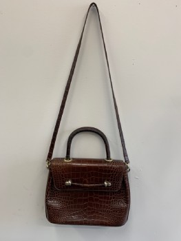 BALLY, Dk Brown, Leather, Reptile/Snakeskin, Crossbody, Long Strap, Top Handle, Flap Closure *Silver Grommet By Handle Is Loose*