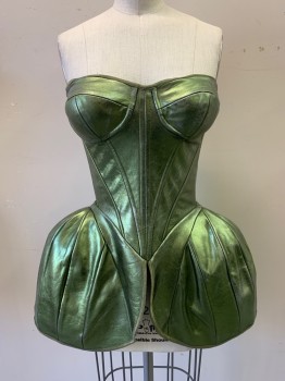 MTO, Chartreuse Green, Vinyl, Synthetic, Solid, Bustier with Cups, Plastic Stays, Ribbon Bias, Panniers, Zip Back, Breast Pads, Shape Like Dolce and Gabana 2007