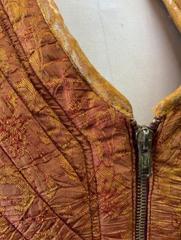 N/L MTO, Caramel Brown, Goldenrod Yellow, Red Burgundy, Silk, Fiberglass, Floral, Quilted Brocade, Structured Armor Inside, Zip Front, Halter Neck, Lace Up at Back Waist, Made To Order