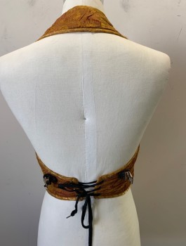 N/L MTO, Caramel Brown, Goldenrod Yellow, Red Burgundy, Silk, Fiberglass, Floral, Quilted Brocade, Structured Armor Inside, Zip Front, Halter Neck, Lace Up at Back Waist, Made To Order