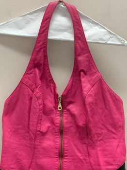 WILSONS, Hot Pink, Black, Leather, Cotton, Color Blocking, Halter V--N, Zip Front, Pink Leather W/Jersey Knit Black Side Panels