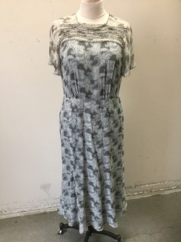 N/L MTO, Lt Gray, Gray, Charcoal Gray, Silk, Abstract , Light Gray Chiffon with Gray, Charcoal Swirl/Dot Pattern, Short Sleeves, High Square Neck, Gray Tiny Ball Lace Trim at Cuffs and Rows Across Bust, Mid Calf Length, Center Back Zipper,  Reproduction Made To Order