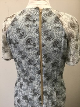 N/L MTO, Lt Gray, Gray, Charcoal Gray, Silk, Abstract , Light Gray Chiffon with Gray, Charcoal Swirl/Dot Pattern, Short Sleeves, High Square Neck, Gray Tiny Ball Lace Trim at Cuffs and Rows Across Bust, Mid Calf Length, Center Back Zipper,  Reproduction Made To Order