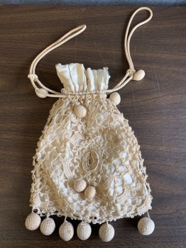 Beige, Cotton, Beige Solid Lining, Crochet Knit Over Lay, Drawstring Closure, Slightly Aged