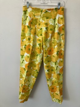 TIMELY FASHIONS, Bright Orange/Yellow/Green Floral Stretch Terry Texture, No Waistband, Back Zip, Tapered