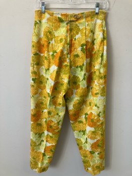 TIMELY FASHIONS, Bright Orange/Yellow/Green Floral Stretch Terry Texture, No Waistband, Back Zip, Tapered