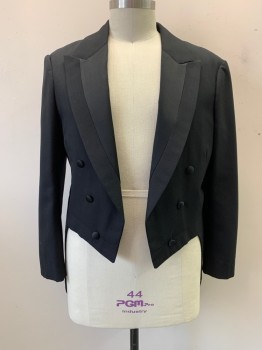 NL, Black, Wool, Satin Peaked Lapel, Double Breasted, Button Front, 6 Fabric Covered Buttons, Open Front