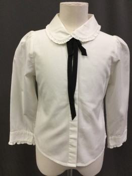 GYMBOREE, Cream, Black, Cotton, Solid, Button Front Concealed Buttons, Peter Pan Collar with Black Grosgrain Bow and Ruffle Trim, Long Sleeves with Button Cuffs and Ruffle Trim