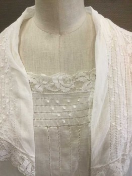N/L, White, Cotton, Lace, Solid, Very Lightweight Cotton Batiste, Long Sleeves, Hidden Tiny Button Closures At Side Front, Square Neck, with Square/Rectangular Collar with Lace Edge, Lines Of Open Threadwork/Faggoting At Front, Twill Ties At Center Back Waist,