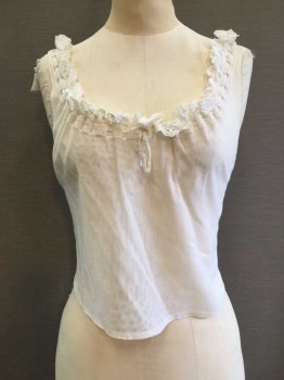 FOX 33, Cream, Cotton, Solid, Mesh Knit Cotton with Eyelet Lace Ruffled Draw String Scoop Neckline, Sleeveless,