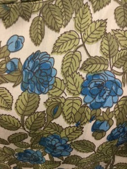 L'AIGLON, Green, White, Blue, Nylon, Floral, Novelty Pattern, Leaf And Flower Print, Sleeveless, Pleated Waist, Bateau/Boat Neck, Belt Loops, (No Belt), Hem At Knee, Early 1960's