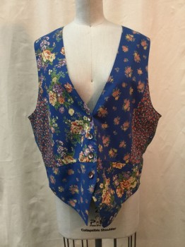 KANE, Blue, Red, Yellow, Green, Lavender Purple, Rayon, Floral, Vest, Button Front, V-neck,