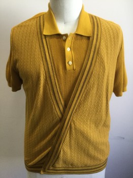 N/L, Mustard Yellow, Brown, Cotton, Stripes - Vertical , Solid, "Vest" Like Panel in Front with Open Threadwork Vertical Stripes, Brown and Mustard Vertical Striped Edge to Vest and Hem, Button Placket is Dickie Panel, Short Sleeves, Rib Knit Collar Attached, 3 Buttons at Neck, Hidden Snap Closures at Front,
