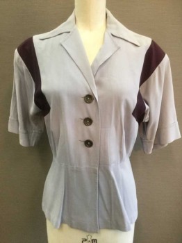 MANFORD, Lt Blue, Aubergine Purple, Cotton, Solid, Light Blue Solid 3 Button Front, Collar Attached, Short Sleeve,  Pleated At Waist, Eggplant Shoulder Panels Around Shoulders