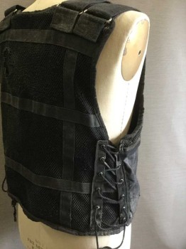 NO LABEL, Black, Polyester, Nylon, Velcro Shoulders, Lace Up Sides, Mesh Overlay, Chest Pouch Pocket, Hole In Mesh At Back