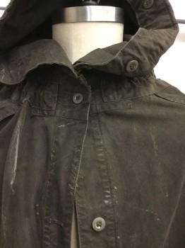 DIESEL, Olive Green, Charcoal Gray, Cotton, Solid, Heavy Cotton Canvas, Mottled Dye/Aged, Hooded, Open Front with Button Closures, Arm Holes, Re-Purposed From Trench Coat, Aged/Worn