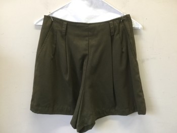 GAP, Olive Green, Polyester, Solid, Wide Leg Shorts. Left Side Seam Zipper, Single Pleat Front, 3 Pockets, Belt Loops at Waist