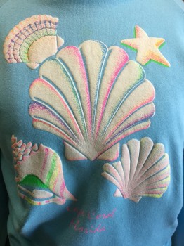 TNT  CASUALS, Lt Blue, White, Neon Yellow, Hot Pink, Green, Cotton, Polyester, Novelty Pattern, Long Sleeves, Crew Neck, Puffy Sea Shells, 'Cafe Coral Florida'