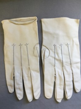 Cream, Lt Gray, Leather, Solid, Cream Leather Gloves, Lt Grey Stitch Detail