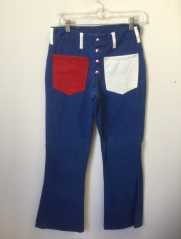 BIG YANK, Royal Blue, White, Red, Cotton, Solid, Color Blocking, Twill, Bell Bottoms, 1 Red and 1 White Patch Pockets in Front & Back, White Belt Loops, High Waisted, Red/White/Blue Buttons at Fly,