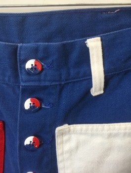 BIG YANK, Royal Blue, White, Red, Cotton, Solid, Color Blocking, Twill, Bell Bottoms, 1 Red and 1 White Patch Pockets in Front & Back, White Belt Loops, High Waisted, Red/White/Blue Buttons at Fly,