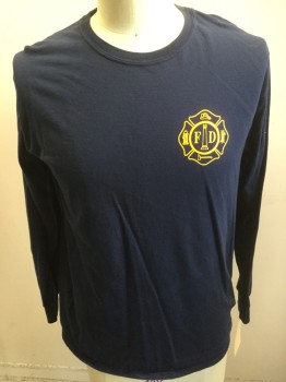 ANVIL, Navy Blue, Yellow, Cotton, Solid, Graphic, Crew Neck, Long Sleeves, Fire Department Screen Print