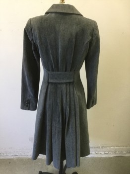 N/L, Gray, Cotton, Polyester, Solid, Heavy Upholstery Weight Velveteen, Single Breasted, 3 Large Brown Buttons with Embossed Detail, Notched Lapel, Below Knee Length, Padded Shoulders, 2 Pockets, Self Belted Detail at Center Back Waist with Pleated Panel to Hem,