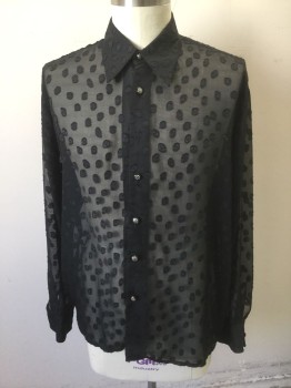 LIVE COLLECTION, Black, Polyester, Dots, Sheer Chiffon with Opaque Irregular Circles/Dots Texture, Long Sleeve Button Front, Collar Attached, Silver and Black Embossed Buttons, 80's/90's Clubwear