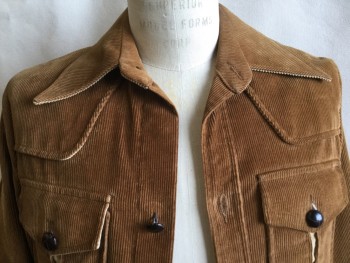 PIONEER WEAR, Camel Brown, Beige, Cotton, Solid, Corduroy, Beige Corduroy Inside Collar Attached, Pocket Flap, and Long Sleeves Cuff,  Dark Brown Wood Button Front, Yoke Front & Back, 2 Pockets with Narrow Triangle Beige Inlay on Pockets with Matching Button, 6" Side Split Hem