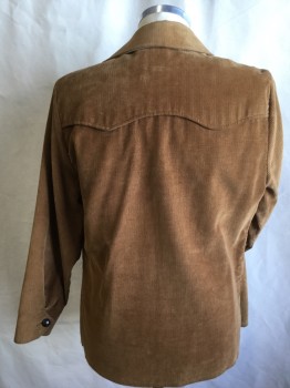 PIONEER WEAR, Camel Brown, Beige, Cotton, Solid, Corduroy, Beige Corduroy Inside Collar Attached, Pocket Flap, and Long Sleeves Cuff,  Dark Brown Wood Button Front, Yoke Front & Back, 2 Pockets with Narrow Triangle Beige Inlay on Pockets with Matching Button, 6" Side Split Hem