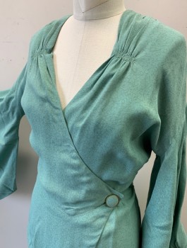 N/L MTO, Sea Foam Green, Silk, Swirl , Crepe, Long Kimono Style Sleeves with Cartridge Pleated Wrists, Wrapped V-neck with Self Button Closure at Side Waist, Self Belt Ties at Sides, Smocked Detail at Shoulders, Floor Length, Multiples, Made To Order 1930's Reproduction