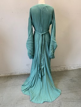 N/L MTO, Sea Foam Green, Silk, Swirl , Crepe, Long Kimono Style Sleeves with Cartridge Pleated Wrists, Wrapped V-neck with Self Button Closure at Side Waist, Self Belt Ties at Sides, Smocked Detail at Shoulders, Floor Length, Multiples, Made To Order 1930's Reproduction