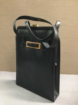 JACOBSEN'S, Navy Blue, Leather, Solid, Tall and Narrow, Hand Straps, Gold Buckle Front, Gold Clasp Closure
