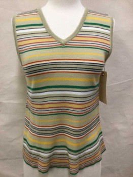 EVAN PICONE, Tan Brown, Yellow, Kelly Green, Red, Navy Blue, Acrylic, Stripes - Horizontal , V-neck, Pullover Vest, Knit,