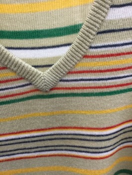 EVAN PICONE, Tan Brown, Yellow, Kelly Green, Red, Navy Blue, Acrylic, Stripes - Horizontal , V-neck, Pullover Vest, Knit,