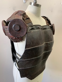 N/L MTO, Espresso Brown, Dk Red, Fiberglass, Front is Horizontal Panels with Ribbed Texture, Straps with Corded Detail, Spiral and Abstract Embossed Shapes at Shoulders, Dusty/Aged, Webbed Straps at Sides of Waist, Made To Order Fantasy