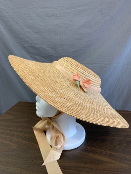 N/L MTO, Tan Brown, Straw, Wide Brimmed, Tan Satin Band, Light Pink and Mint Bows on Either Side, Flat Low Top, Tan Satin Chin Straps/Ties, Made To Order Reproduction