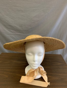 N/L MTO, Tan Brown, Straw, Wide Brimmed, Tan Satin Band, Light Pink and Mint Bows on Either Side, Flat Low Top, Tan Satin Chin Straps/Ties, Made To Order Reproduction