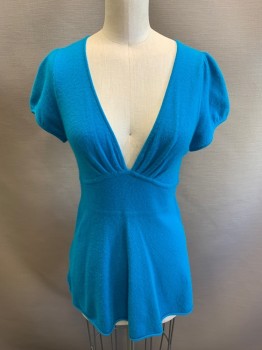 CATHERINE MOLNDRINO, Blue, Cashmere, V-neck, Gathered By Elastic Under Bust, Short Sleeves, Pullover