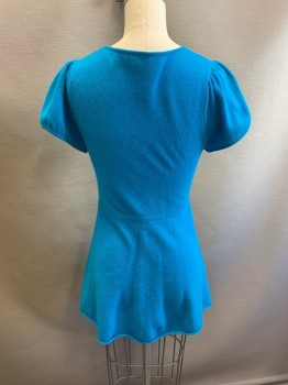 CATHERINE MOLNDRINO, Blue, Cashmere, V-neck, Gathered By Elastic Under Bust, Short Sleeves, Pullover