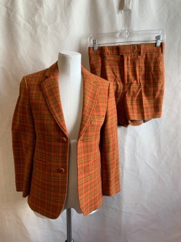 MTO, Orange, Avocado Green, Dk Orange, Wool, Plaid, Single Breasted, 2 Buttons, Notched Lapel, 3 Pockets, Double Vent