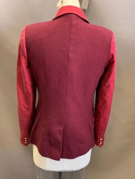 LA VEER, Wine Red, Dk Red, Wool, Silk, Color Blocking, Notched Lapel, 1 Button Closure, 3 Pockets, 3 Button Cuffs, 1 Back Vent